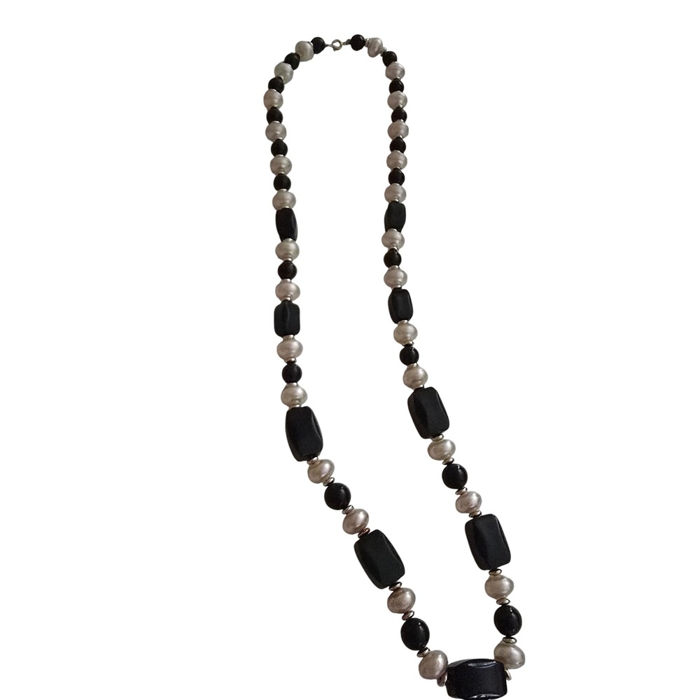 Vintage Chunky Black and Cream Faux Pearl Statement Necklace Gold Tone 30 Inch